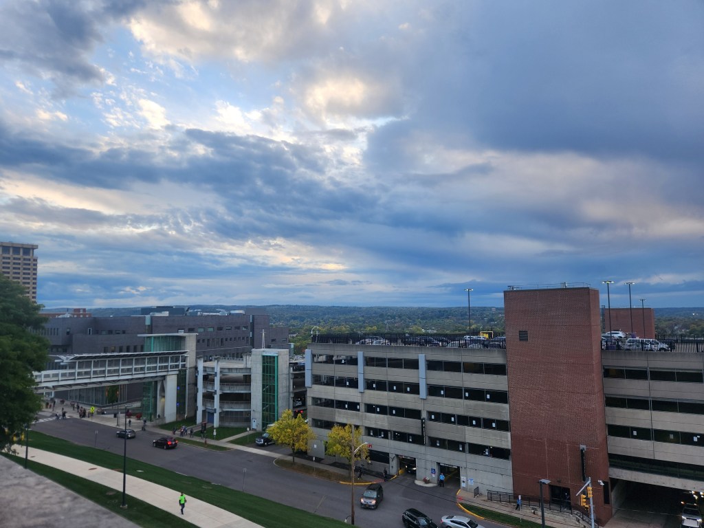 The Upstate hospital campus and parking garage, on a good day.