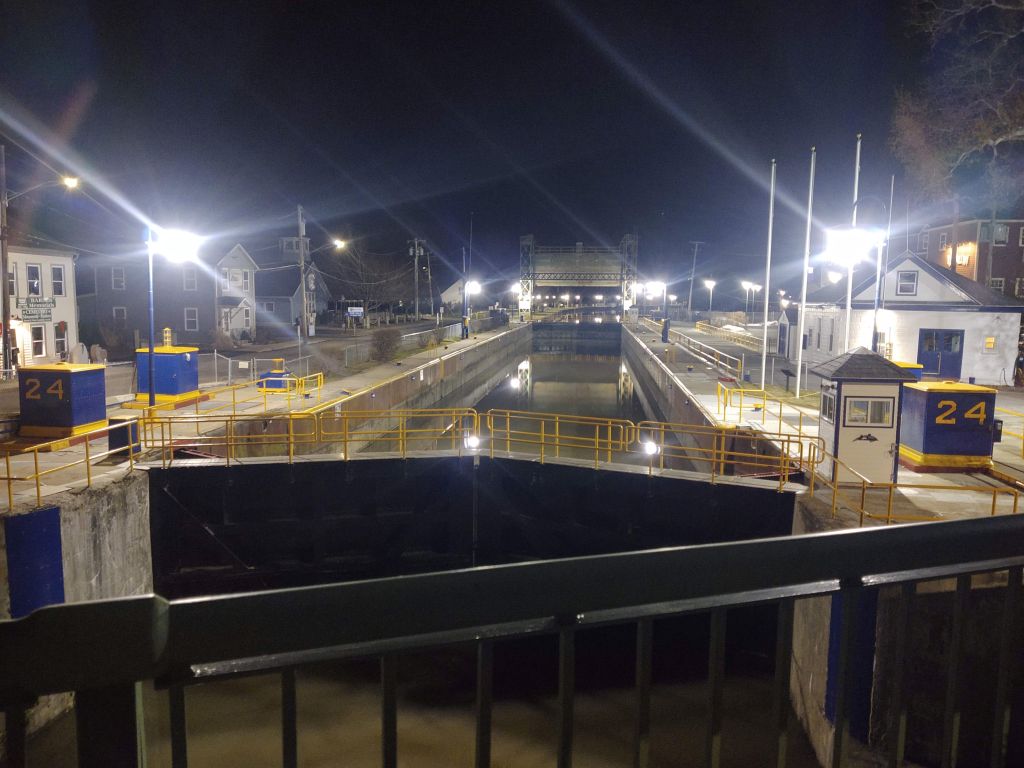 Lock 24 in Baldwinsville, at night, with its spotlights blaring.