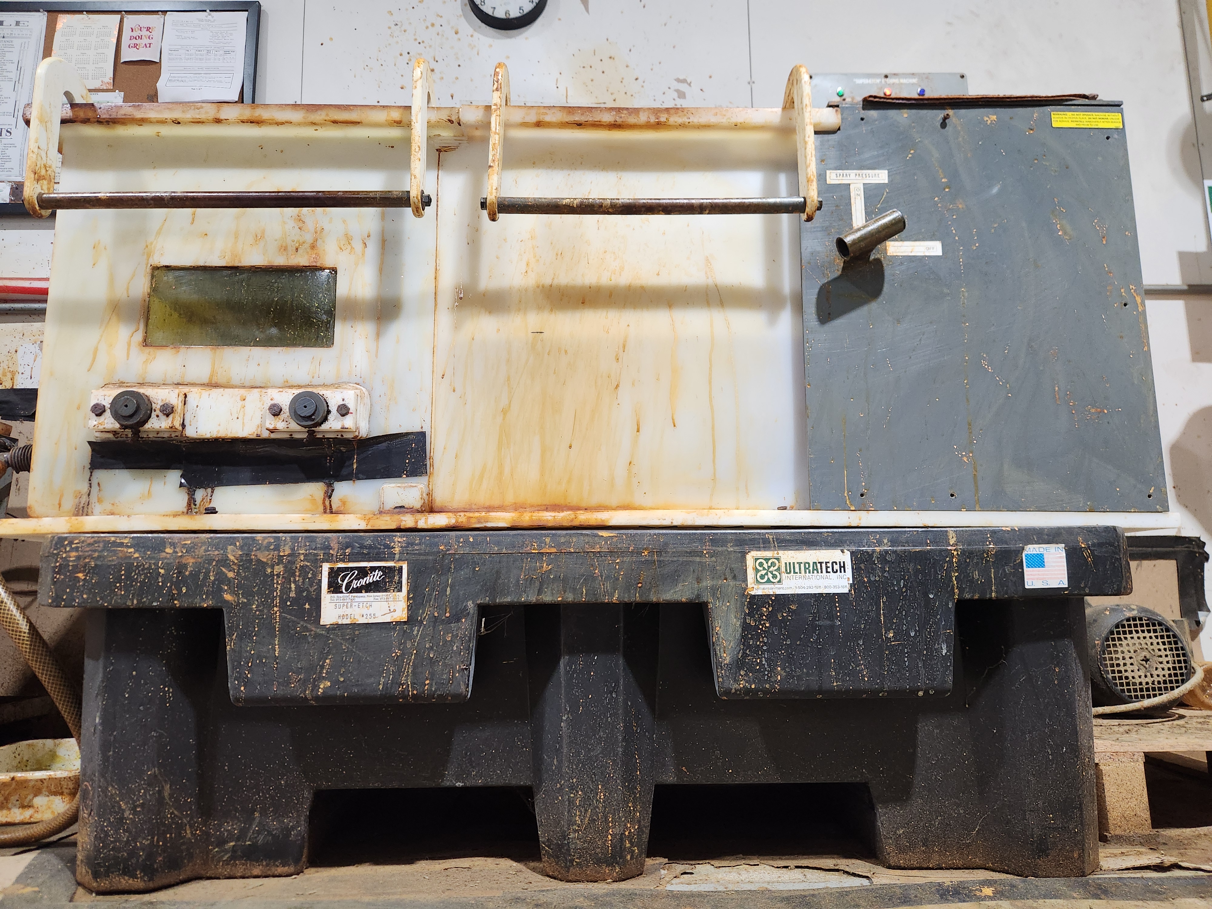 The etch machine from work at a low angle, not quite worm's-eye-view but close.