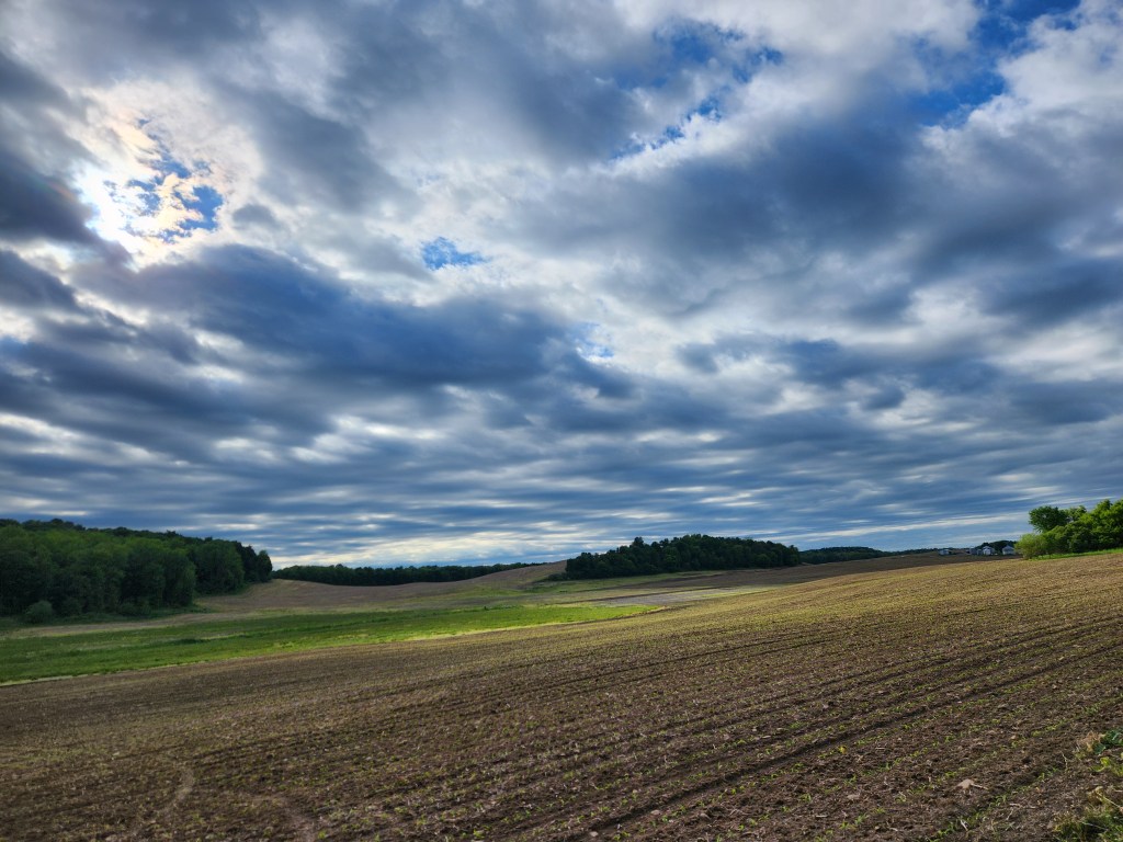 Beautiful light from a break in the clouds touches down on some fertile farmland. Clouds cast big shadows on the ground that the sun breaks.
