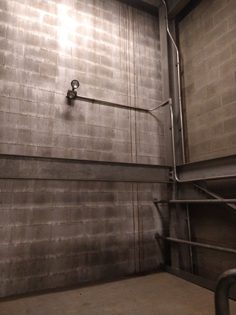 A spooky image of a stairwell in a paper mill. The red streak on the wall is actually just rust.
